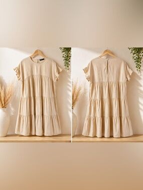 SHEIN Beige Tiered Ruffle Sleeve Mini Smock Dress - Size Small